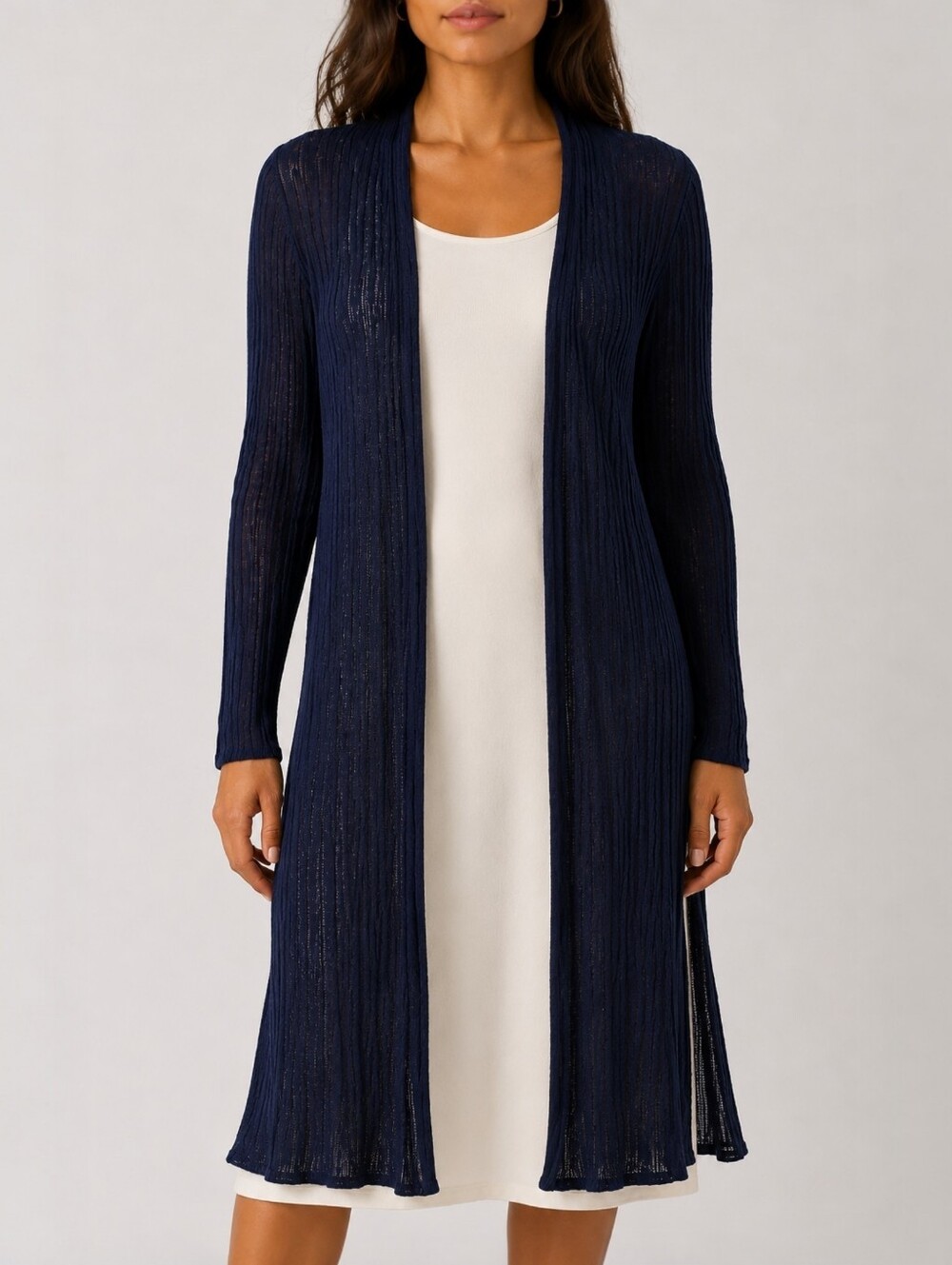 Eileen Fisher Organic Linen Ribbed Semi Sheer Open Front Cardigan Navy S